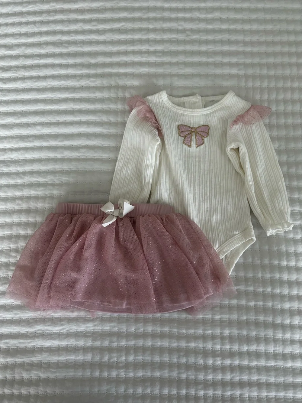 Baby girl matching set Pink Glitter Tulle Skirt with Cream Bow Bodysuit Set